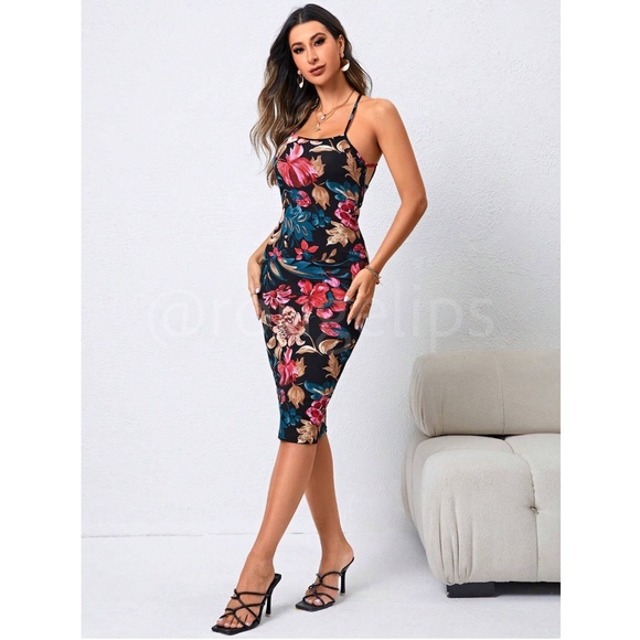 Floral Pattern Black Slim Dress Knee Length Criss Cross Open Back - Picture 2 of 8